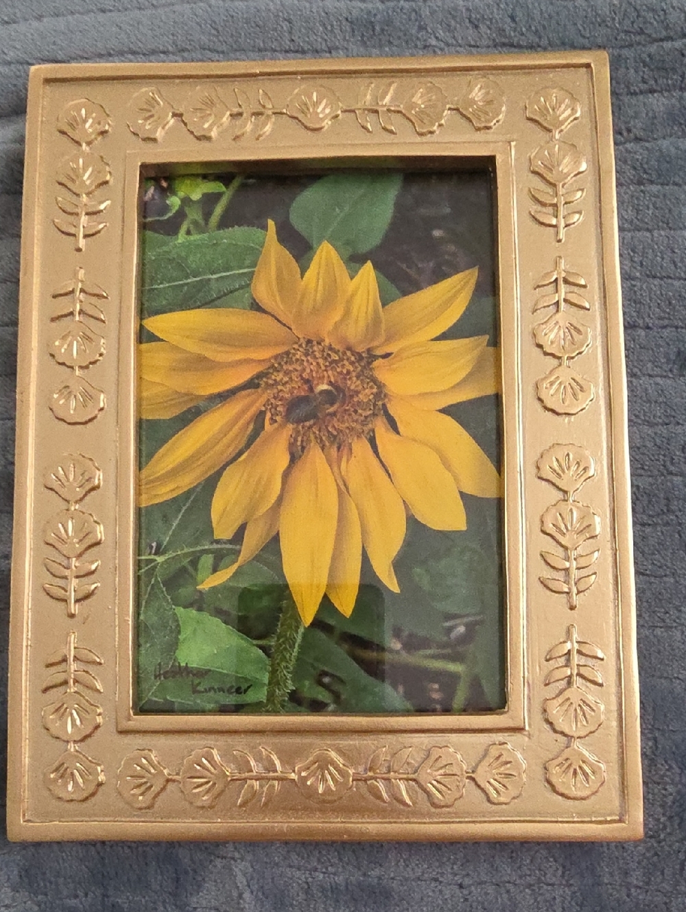 Hand Crafted Gold Floral Embossed Photo Frame with Sunflower Print